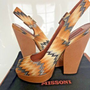 MISSONI 37.5 7.5 Brown Textile ZigZag Platform Slingback Sandals Pumps Chunky